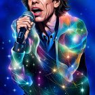 Colorful holographic jacket on male singer in digital artwork