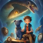 Illustration of boy and dog on floating clock in cosmic setting