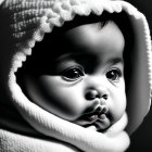 Monochrome infant portrait with knitted hood, intense gaze