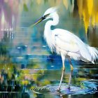 Great Egret in Serene Marshland with Sunlight Filtering Through Foliage