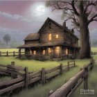 Rural farmhouse illustration at twilight with moonlit surroundings