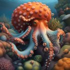 Colorful Octopus Illustration with Detailed Tentacle Patterns in Vibrant Coral Reef