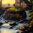 Tranquil house by stream with waterfalls and sunset glow