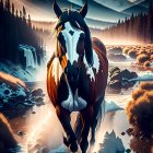 Majestic horse in mountain landscape with waterfalls and river