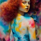 Vibrant Red Curly Hair Woman in Abstract Background