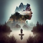 Man's profile merged with mountain landscape and waterfall scenery.