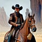 Cowboy on chestnut horse in desert with soaring eagles