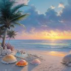 Colorful sunset beach scene with palm branch, fluffy clouds, waves, and seashells.