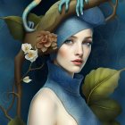 Surreal portrait of woman with flowing hair and flowers in nature landscape.