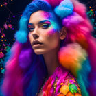 Vibrant rainbow-colored hair and makeup on woman in fluffy, sequined outfit against dark backdrop with