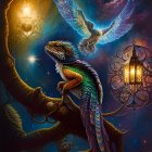 Colorful mythical dragon on mossy branch under starry night sky with bird and lanterns