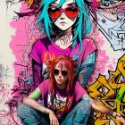 Colorful digital artwork: Woman with teal hair and headphones in futuristic attire against graffiti background