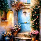 Stone Staircase Surrounded by Greenery and Flowers Leading to Blue Door