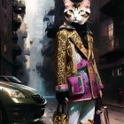 Anthropomorphic cat in stylish suit with sunglasses and designer bag on vibrant city street