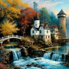 Castle and Waterfall in Autumn Landscape with Sunset