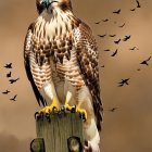 Majestic hawk perched on wooden post with sharp gaze