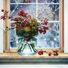 Red berries and green leaves bouquet in glass vase on snowy windowsill