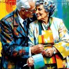 Elderly couple embracing in elegant attire against vibrant backdrop