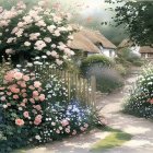 Thatched Cottage with Pink Roses and Gardens