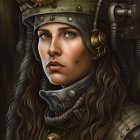 Steampunk-themed woman with gear-adorned headgear and braided metallic hair