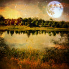 Surreal landscape with castle, unique trees, and red foliage reflected in water