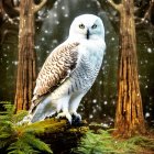 Whimsical owl illustration on pine branch in forest at night