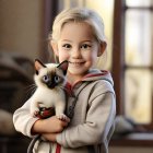 Young girl with blue eyes holding Siamese cat in pink rose garden