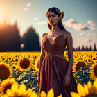 Woman in Red Dress in Sunflower Field with Historic Building and Dramatic Sky