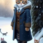 Anthropomorphic kitten in blue coat with golden buttons in snowy scene with two smaller kittens