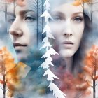 Conceptual portrait split: woman with autumn leaves & warm tones, woman with winter snowflakes &