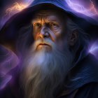 Bearded wizard with starry hat in mystical, candlelit backdrop