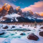 Snow-covered rocks and evergreen trees in serene winter landscape at sunset