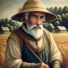 Elderly Bearded Farmer in Golden Wheat Field