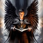 Illustrated Figure with Large Black Wings Reading Book Surrounded by Flames