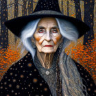 Elderly woman in witch costume in autumn forest