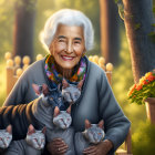 Elderly woman with white hair and glasses smiling outdoors with cats on wooden bench