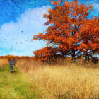 Vibrant autumn landscape with orange trees and blue sky