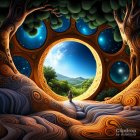 Colorful Fantasy Landscape with Trees, Planets, and Creatures