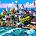 Vibrant coastal village with colorful hot air balloons