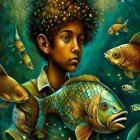 Vividly colored fish surround young boy with elaborate hairstyle