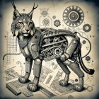 Steampunk mechanical cat with gears and schematic backdrop.