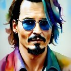 Man with Mustache and Goatee in Blue Aviator Sunglasses and Colorful Outfit