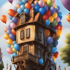 Colorful whimsical multi-story house illustration with celestial bodies and bubbles on gradient sky.