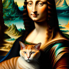 Vibrant Mona Lisa portrait with blue-eyed cat and mountain backdrop