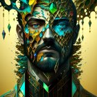 Colorful digital artwork: person with mosaic headdress, geometric face patterns, ornate jewelry.