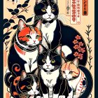 Stylized Japanese aesthetic: Five cats with cherry blossoms