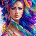 Colorful artwork of woman with purple skin and intricate patterns, multicolored hair.