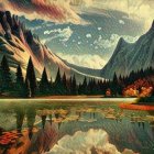 Scenic autumn landscape with snow-capped mountains, reflective lake, and colorful trees