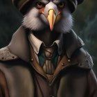 Anthropomorphic eagle in vintage military uniform with beret and medals