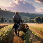 Golden wheat field farmer with basket of apples in quaint village landscape